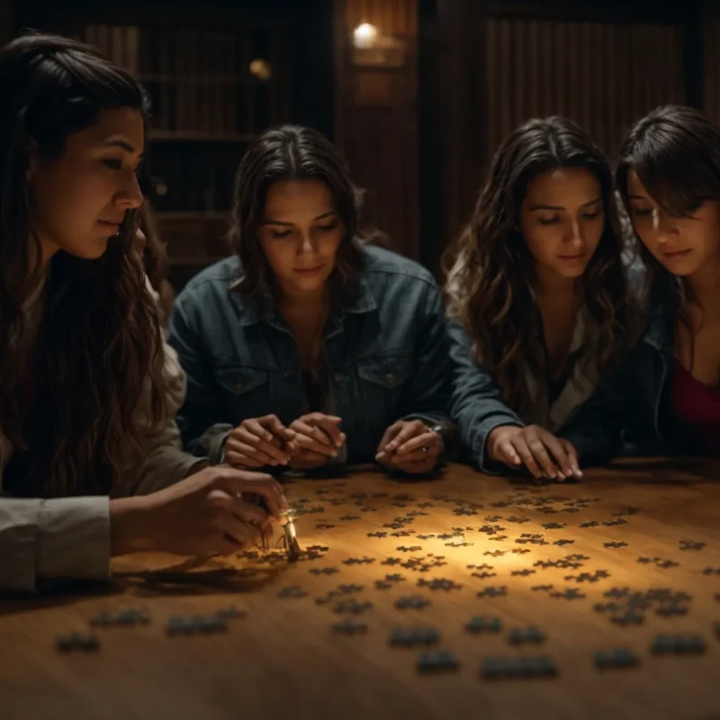 a group of colleagues collaborates enthusiastically on solving a puzzle in a dimly lit escape room, filled with mysterious ancient artifacts.
