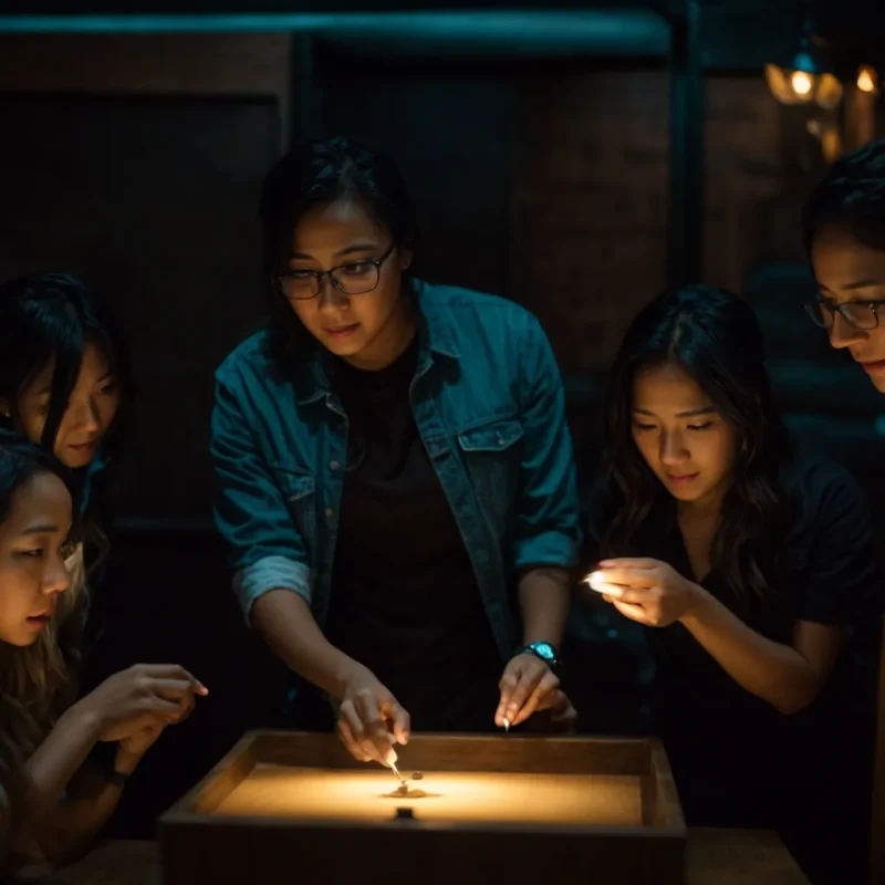 a group of coworkers excitedly discusses clues under the dim light of an escape room, working together to solve the final puzzle.