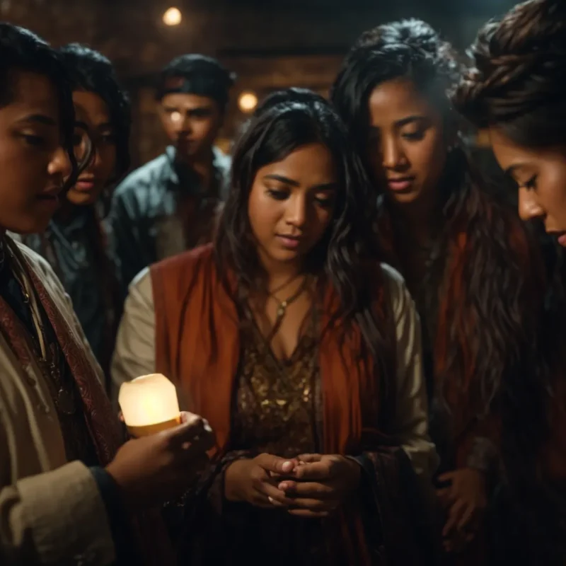 a diverse group of coworkers excitedly discusses clues in a dimly lit, mysterious-themed escape room adorned with puzzles and ancient artifacts.