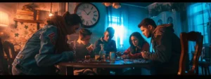 a group of people solving puzzles in a dimly lit room with a clock ticking in the background.