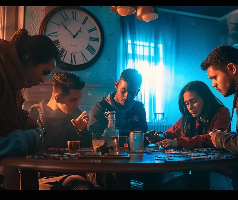 a group of people solving puzzles in a dimly lit room with a clock ticking in the background.