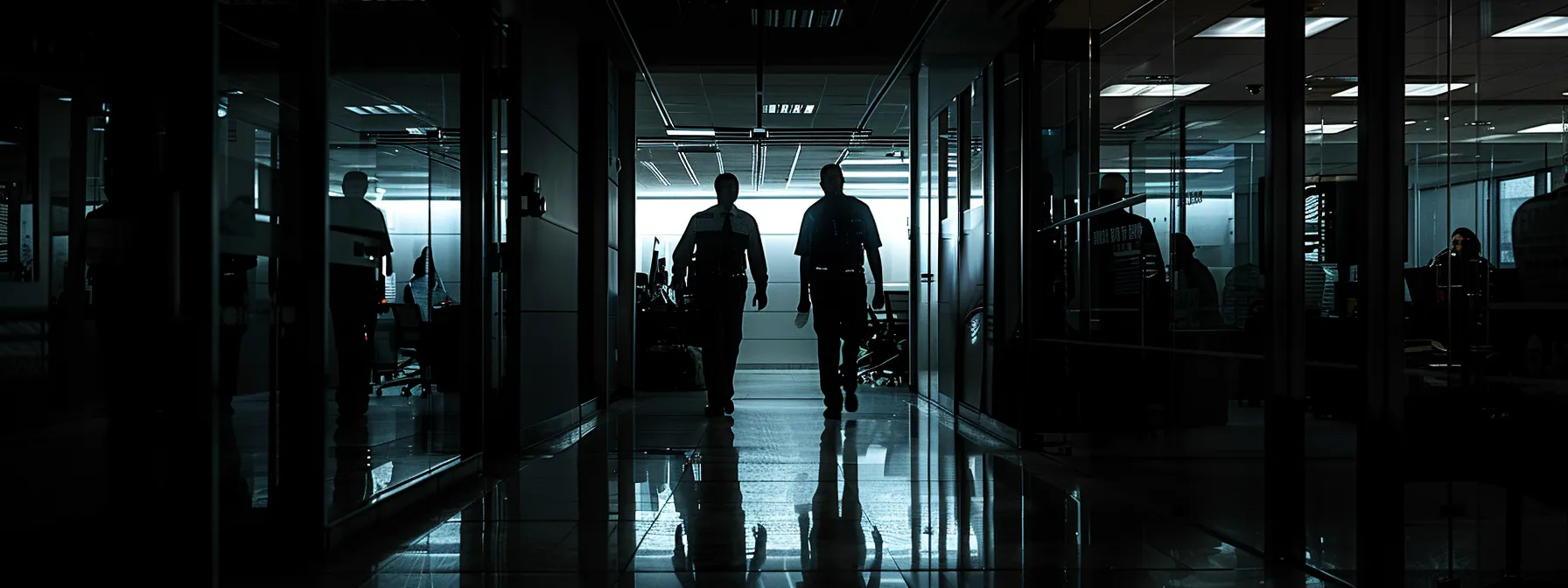 teams sneaking through a dark office hallway, avoiding laser security systems.