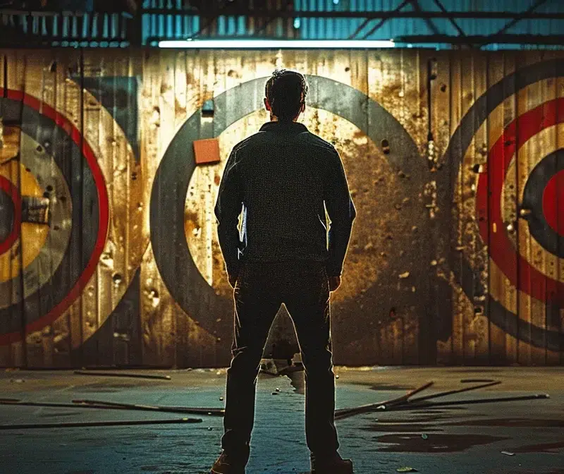 a person stands in an axe throwing arena, ready to throw their first axe.