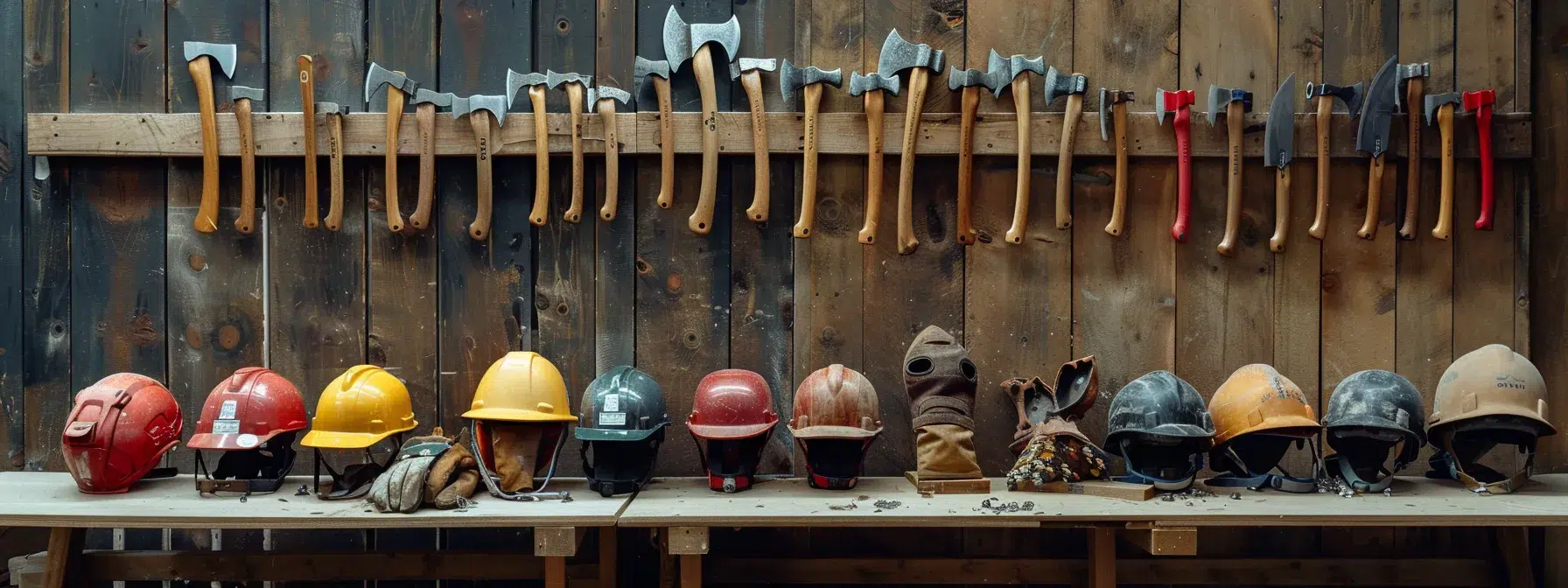 a row of axes lined up on a table next to helmets and gloves.