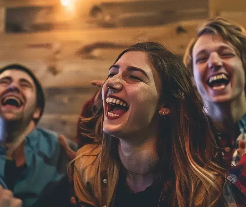 a group of friends laughing and cheering as they successfully throw axes at a target in an axe throwing venue.