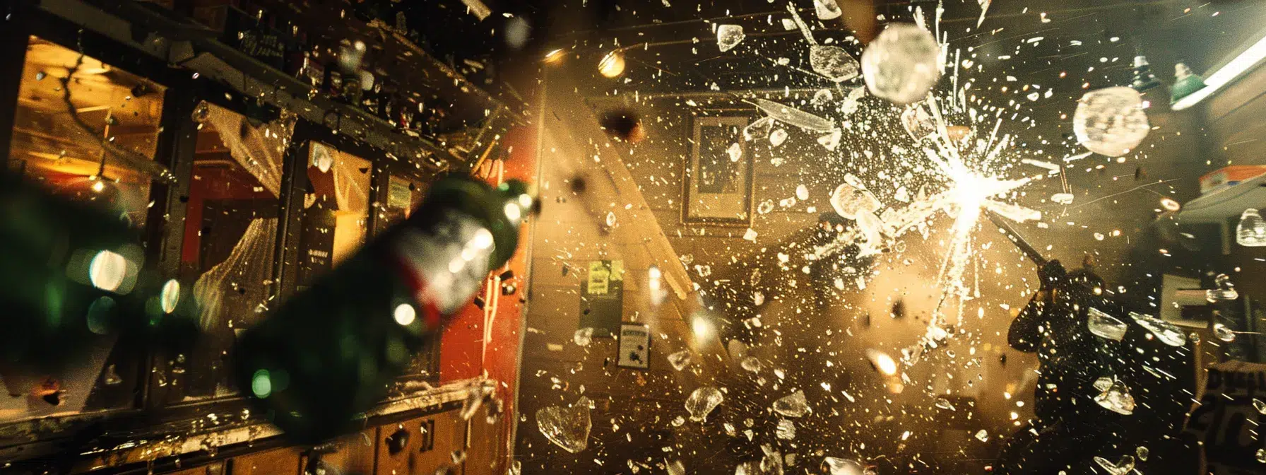 a person wearing protective gear smashes glass bottles with a baseball bat in a dimly lit rage room, releasing pent-up stress and tension.