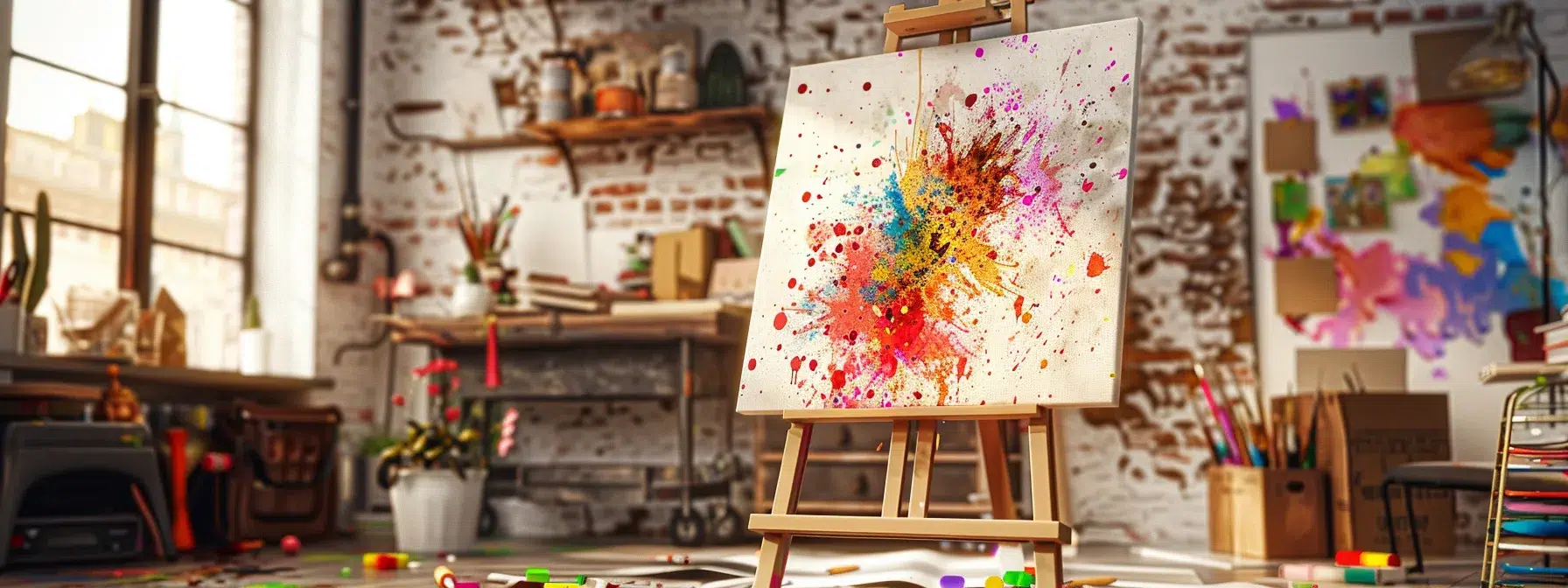 vibrant splatter paint splashes on a canvas in a cozy home art studio, surrounded by creative materials and a welcoming atmosphere.