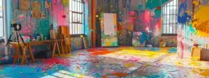 3b872922 3e4a 4f17 abd1 136572375ac7webp - Brainy Actz Escape Rooms a vibrant, colorful room splattered with paint, inspiring creativity and imagination.