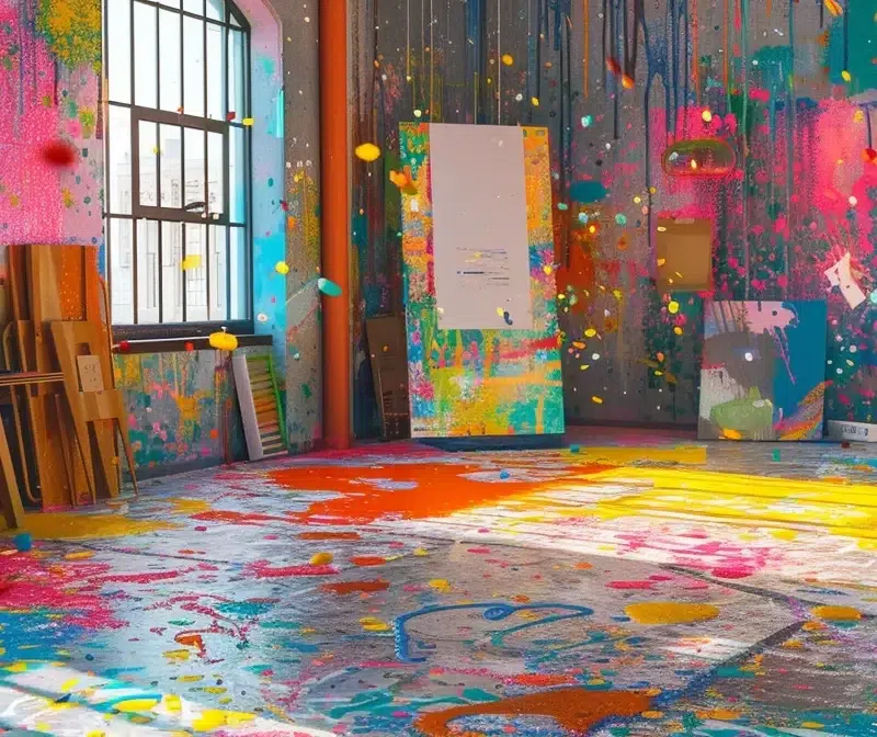 a vibrant, colorful room splattered with paint, inspiring creativity and imagination.