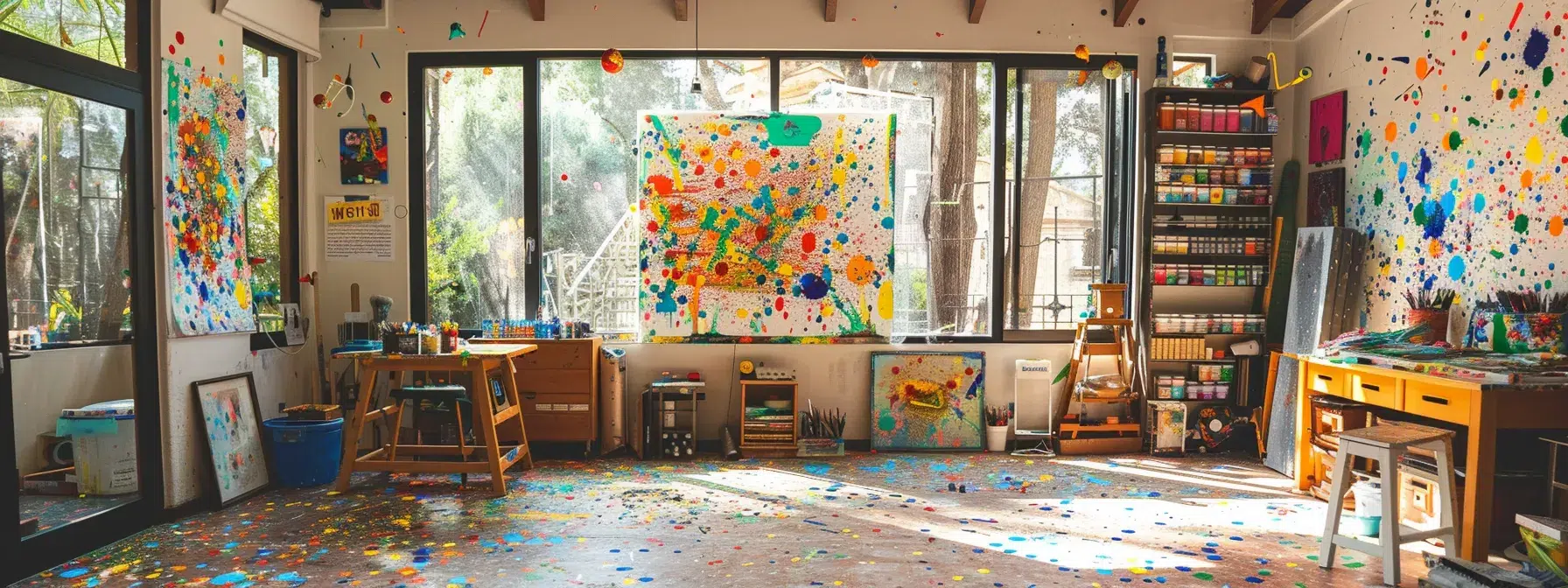 a colorful splatter paint masterpiece adorns a home's art studio, inspiring ongoing creativity and expression.