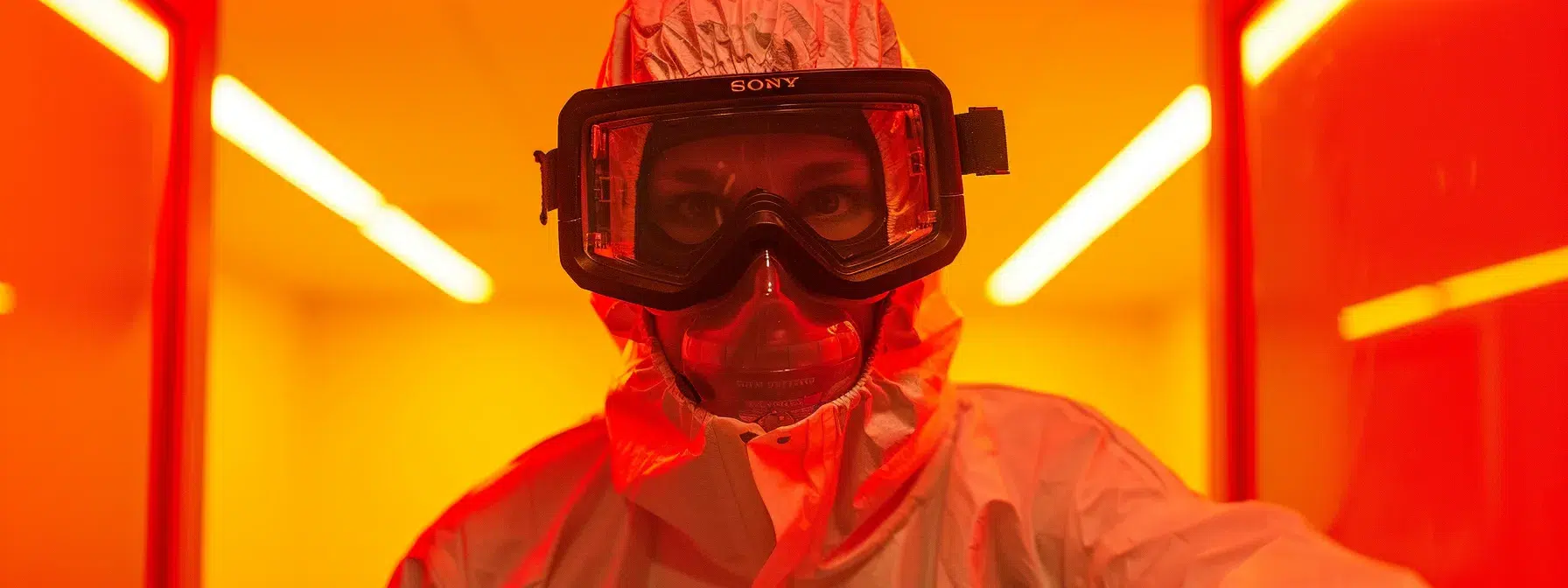 a person wearing protective clothing and goggles, ready to enter a rage room for a safe and enjoyable experience.