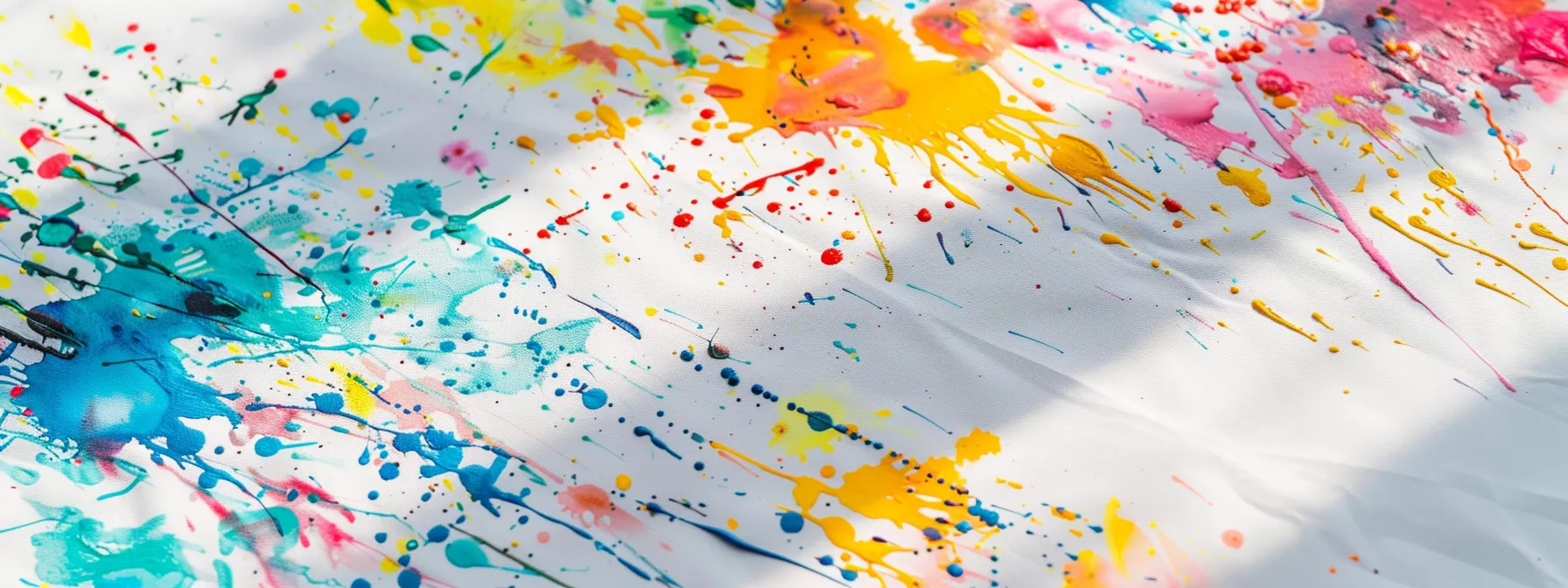 vibrant splatter paint artwork covering a white canvas, showcasing a playful and colorful mess created by young artists.