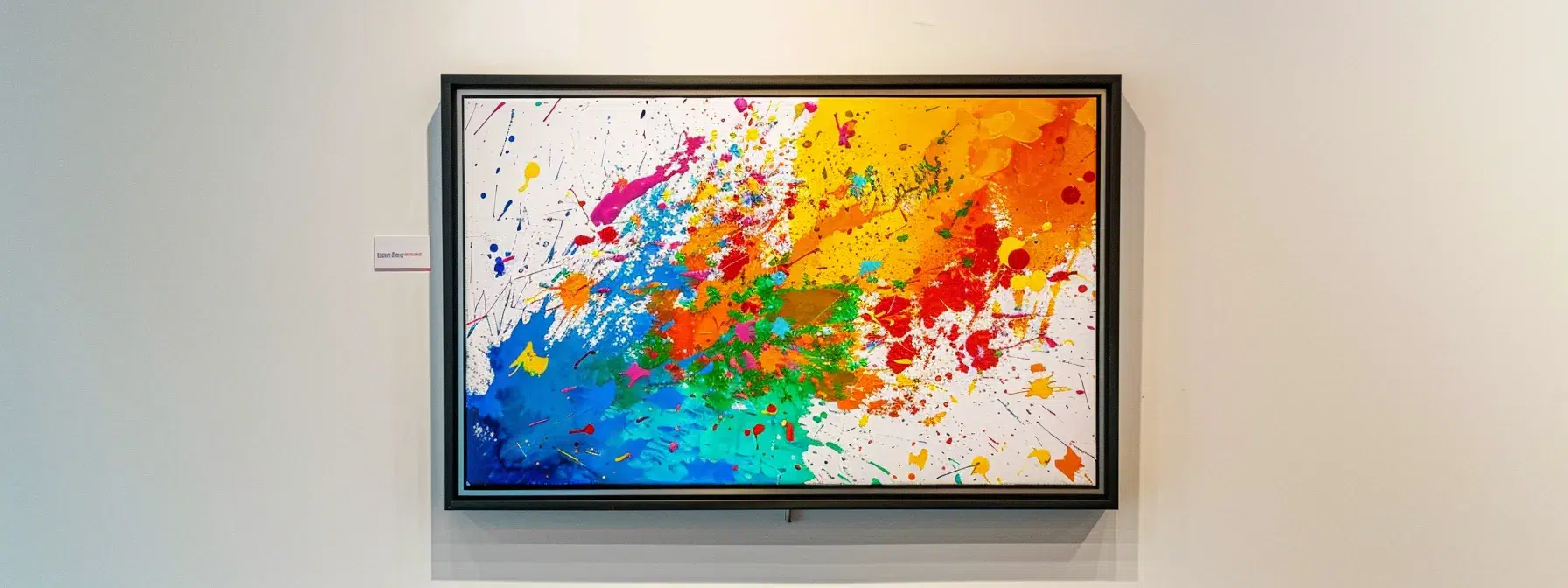 a vibrant, colorful splatter painting displayed in a sleek, modern frame on a white gallery wall.