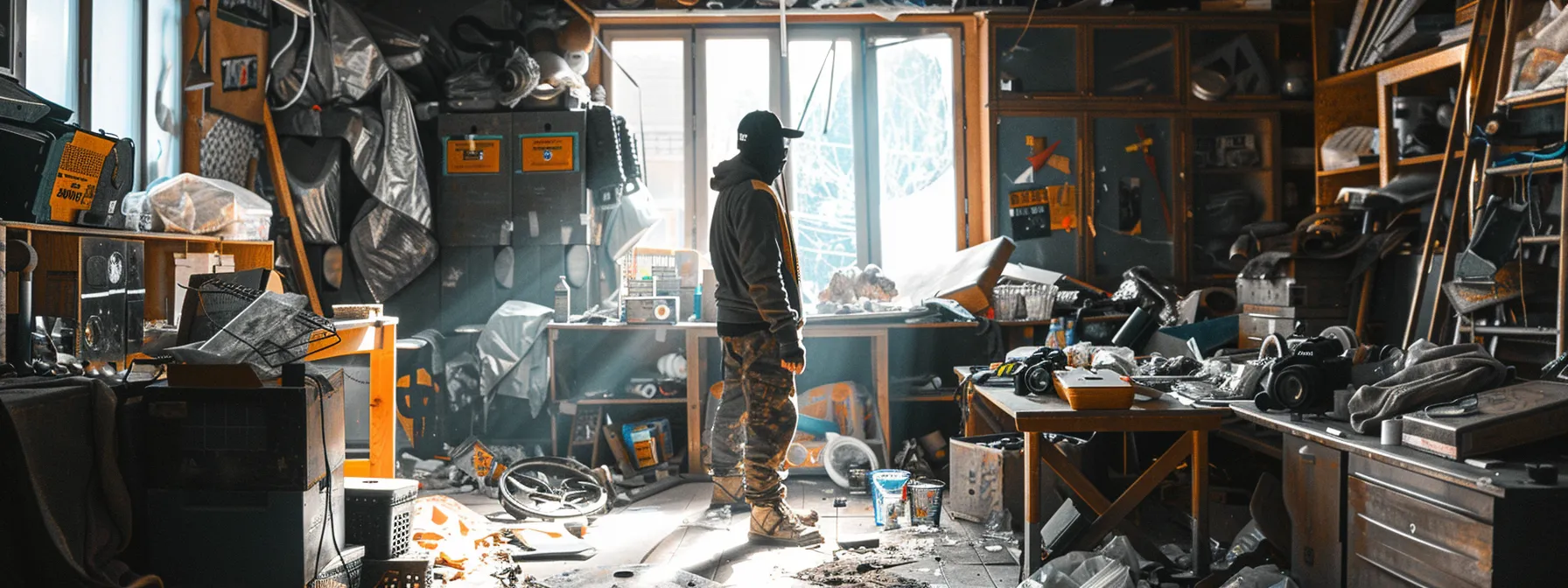 a person standing in a room filled with various items ready to be smashed, wearing protective gear and holding a baseball bat.