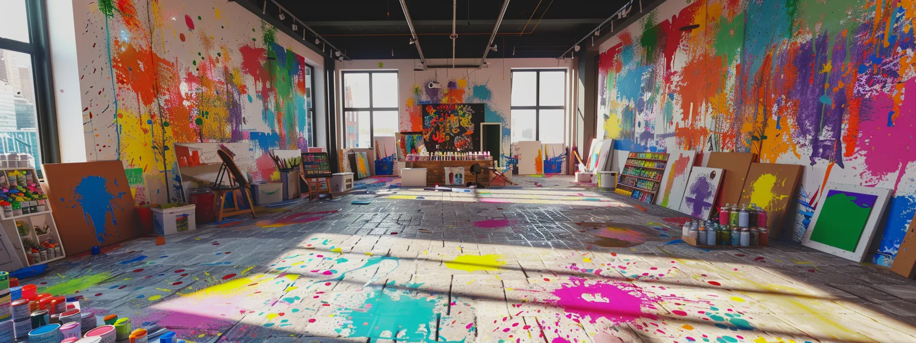 a brightly lit, spacious room lined with colorful paint supplies and splattered canvases, perfect for a creative and festive paint party.