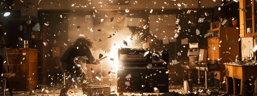 a person smashing a printer with a baseball bat in a dimly lit room filled with debris and shattered objects.