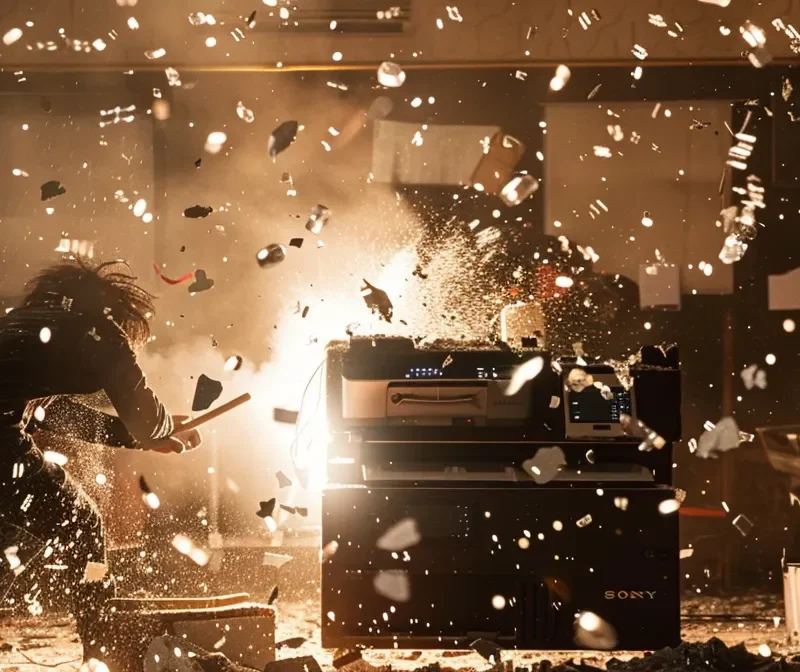 a person smashing a printer with a baseball bat in a dimly lit room filled with debris and shattered objects.