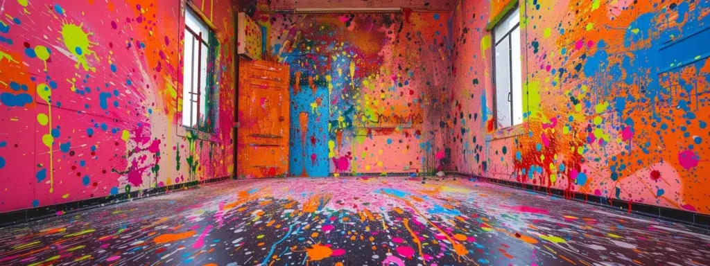 vibrant bursts of colorful paint splatters covering every surface of a room, creating a dynamic and artistic atmosphere.