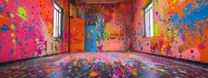 ec6a7bea 38ea 44cf 8db2 76cc5c6d1a56webp - Brainy Actz Escape Rooms vibrant bursts of colorful paint splatters covering every surface of a room, creating a dynamic and artistic atmosphere.