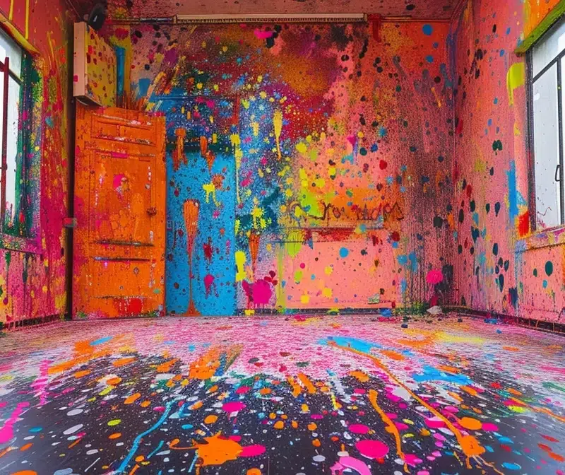 vibrant bursts of colorful paint splatters covering every surface of a room, creating a dynamic and artistic atmosphere.