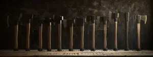 a collection of sleek modern throwi 9d1c577d 1ec7 4d3f a5f8 ee2234c0bd71webp - Brainy Actz Escape Rooms a collection of sleek, modern throwing axes lined up on a wooden table.