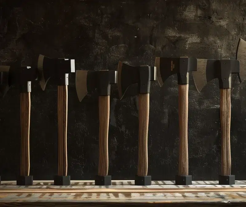 a collection of sleek, modern throwing axes lined up on a wooden table.