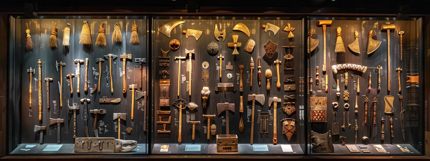 a display featuring a diverse array of traditional axes from around the world, each embodying unique cultural designs and historical significance.