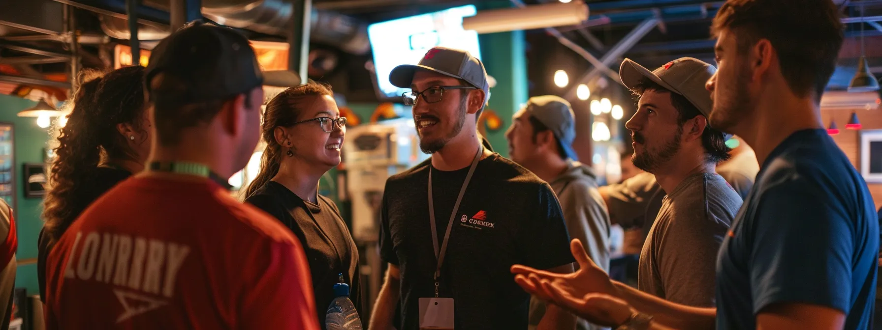 a group of event organizers networking with local sports marketing businesses at an axe throwing tournament venue, discussing potential sponsorships.