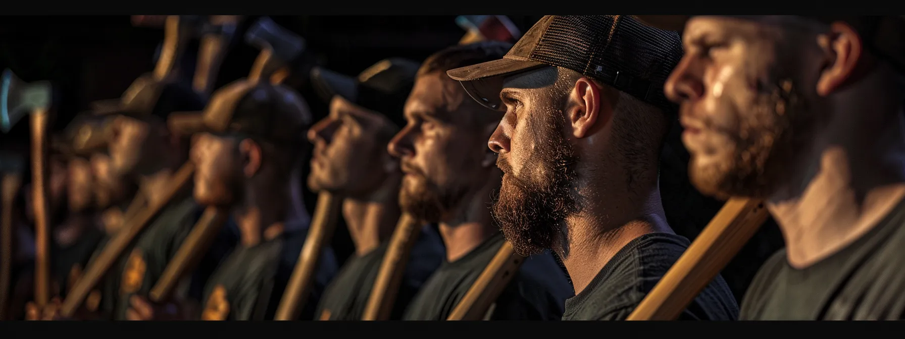 a group of fierce competitors line up, axes in hand, ready to showcase their skills in a thrilling axe throwing championship.