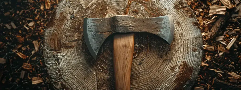 a vintage, rustic axe stuck firmly in the center of a wooden target, surrounded by scattered wood chips and dust.