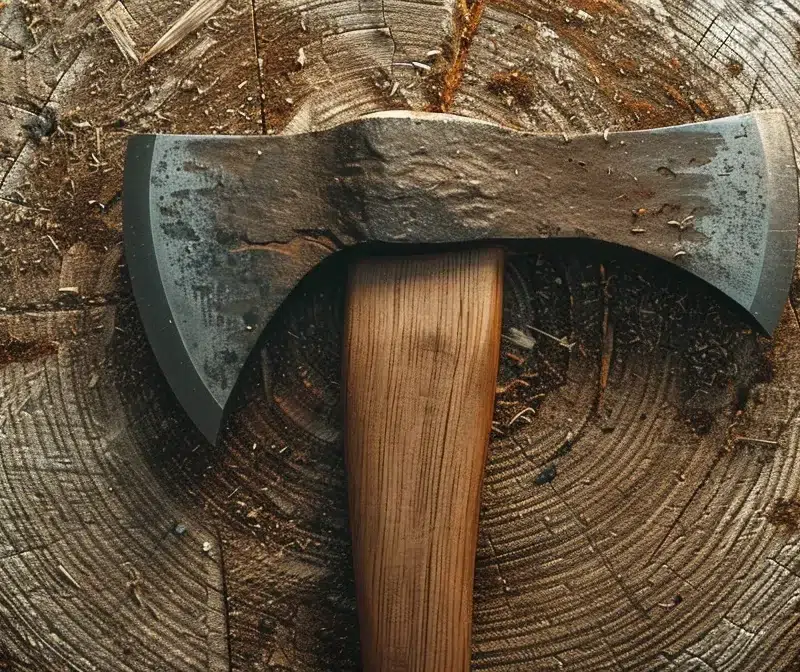 a vintage, rustic axe stuck firmly in the center of a wooden target, surrounded by scattered wood chips and dust.