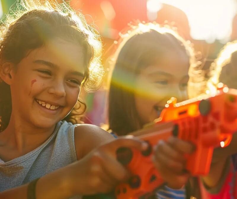 a vibrant scene captures a group of excited children engaged in an imaginative nerf war, set against a backdrop of colorful forts and playful chaos, illuminated by warm afternoon sunlight.