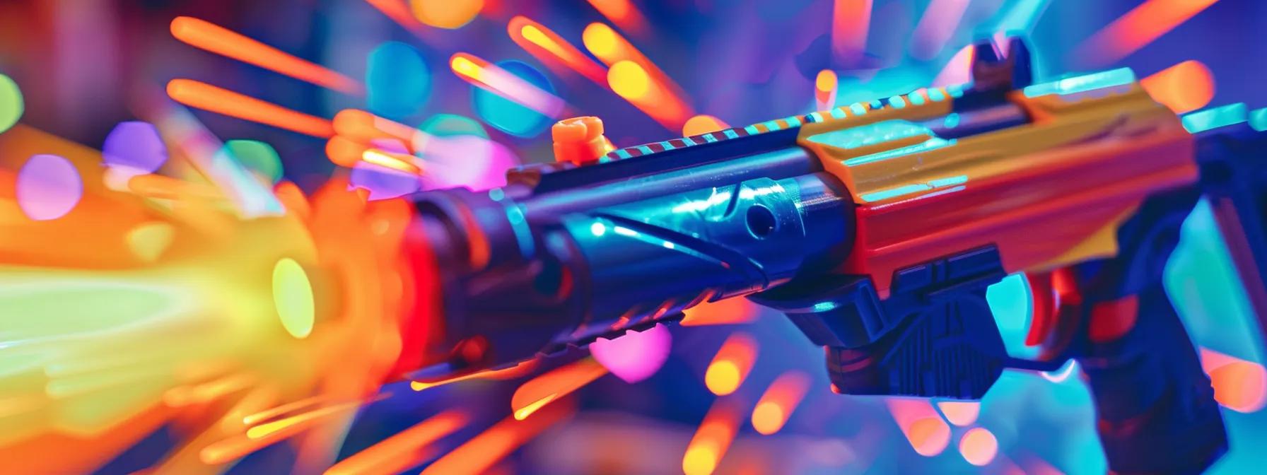 a dynamic action shot captures a vivid nerf blaster poised at the firing range, with colorful darts arcing through the air, highlighting the excitement of performance evaluation and customization in a competitive play environment.