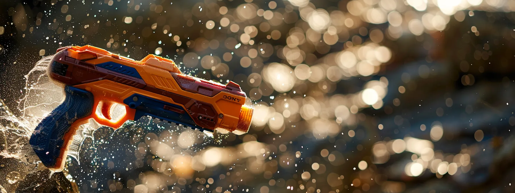 a dynamic action shot captures a vibrant nerf gun in mid-air, showcasing its resilient design against a backdrop of rugged outdoor terrain, illuminated by bright sunlight highlighting its durability during an intense play session.