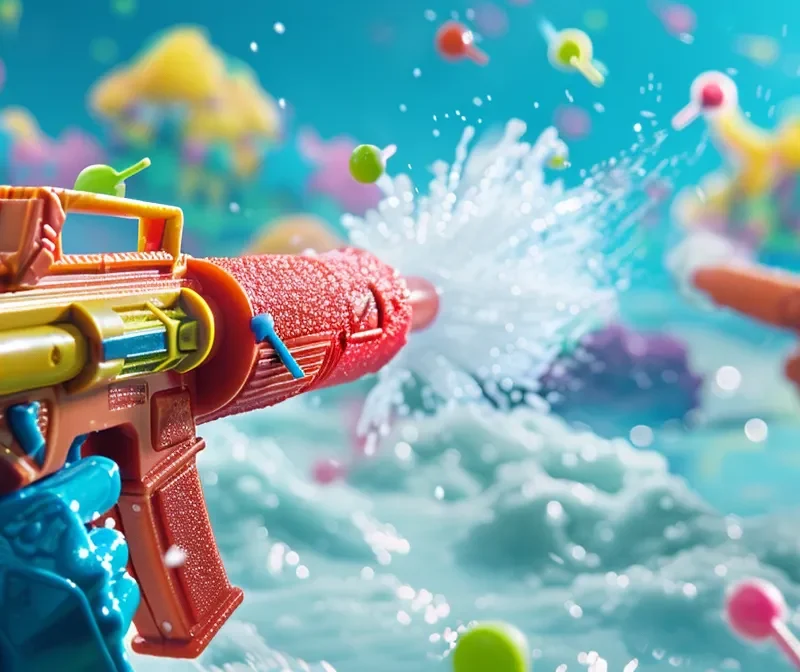 a dynamic and vibrant battlefield scene unfolds with colorful nerf blasters and foam darts flying through the air, set against an adrenaline-fueled backdrop of makeshift forts and eager competitors ready for action.