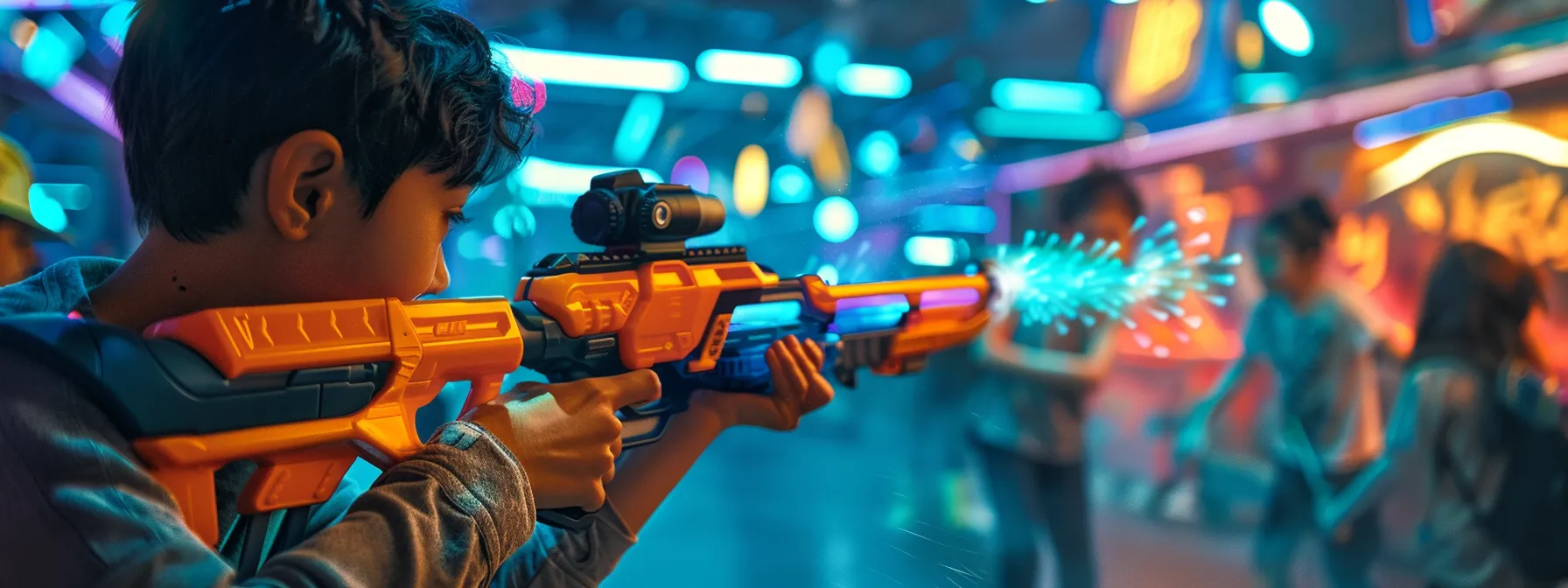 a dynamic composition showcasing the swordfish blaster in action during an exhilarating nerf battle, highlighted by its sleek design and vivid colors amidst a blurred backdrop of players engaged in tactical maneuvers, under dramatic lighting that emphasizes the intensity of the competition.