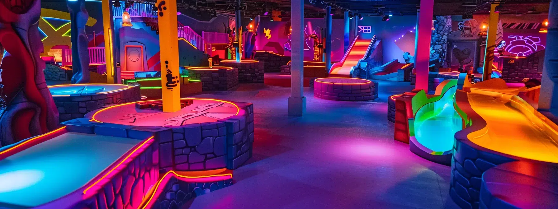 a dynamic nerf arena featuring vibrant, themed obstacles and ample open space, illuminated by colorful lights, inviting players to engage in thrilling capture-the-flag battles amidst a safe and accessible environment.