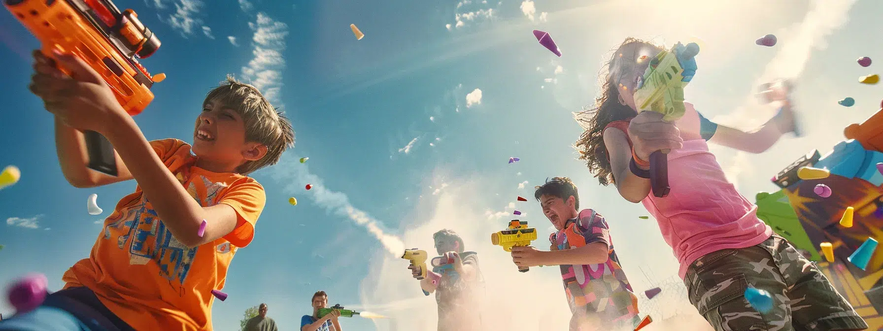 a dynamic nerf battle scene captures a diverse group of players strategizing and collaborating under radiant sunlight, with vibrant foam darts flying through the air, emphasizing teamwork and tactical coordination.