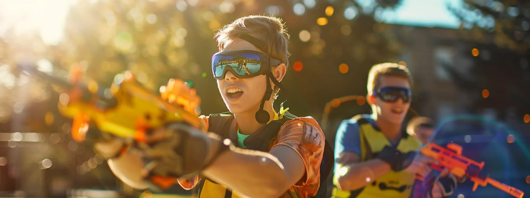 a dynamic nerf battle scene captures enthusiastic participants in vibrant protective eyewear, engaging in an exhilarating game of capture the flag under bright sunlight, highlighting the importance of safety and teamwork.