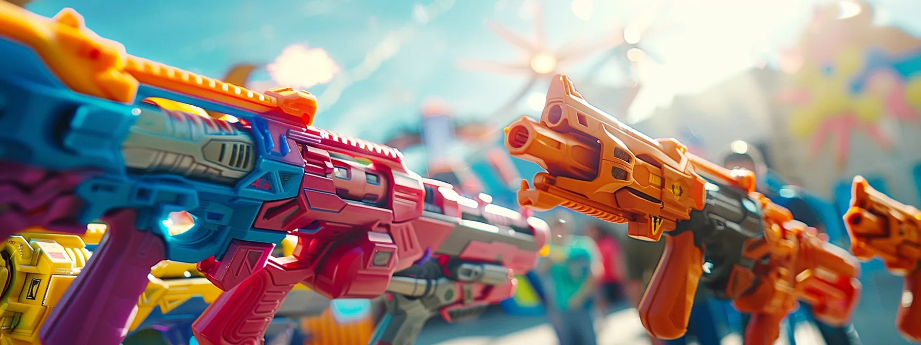 a dynamic scene featuring a variety of vibrant nerf gun models displayed in action, showcasing their distinctive play styles with bold colors and sleek designs set against an energetic outdoor backdrop illuminated by bright sunlight.