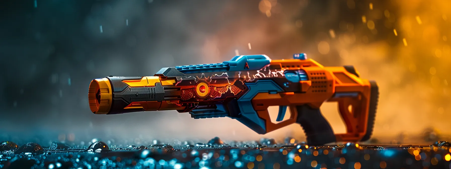 a sleek, modified nerf blaster with vibrant colors and precision bolt action features rests prominently on a rugged, battle-worn surface, emphasizing its enhanced performance capabilities against a dynamic, blurred backdrop of an intense nerf battle arena.