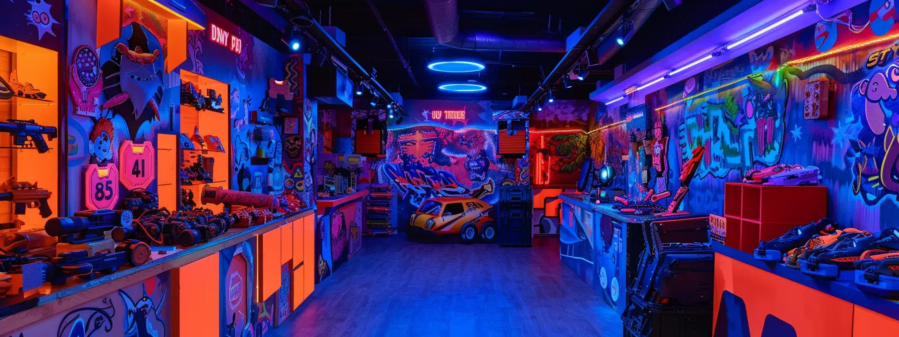 a vibrant, action-packed scene of a nerf war party showcasing unique, custom nerf blasters and themed battle gear, surrounded by colorful mystery boxes filled with accessories, all under dynamic, playful lighting that captures the excitement of the event.