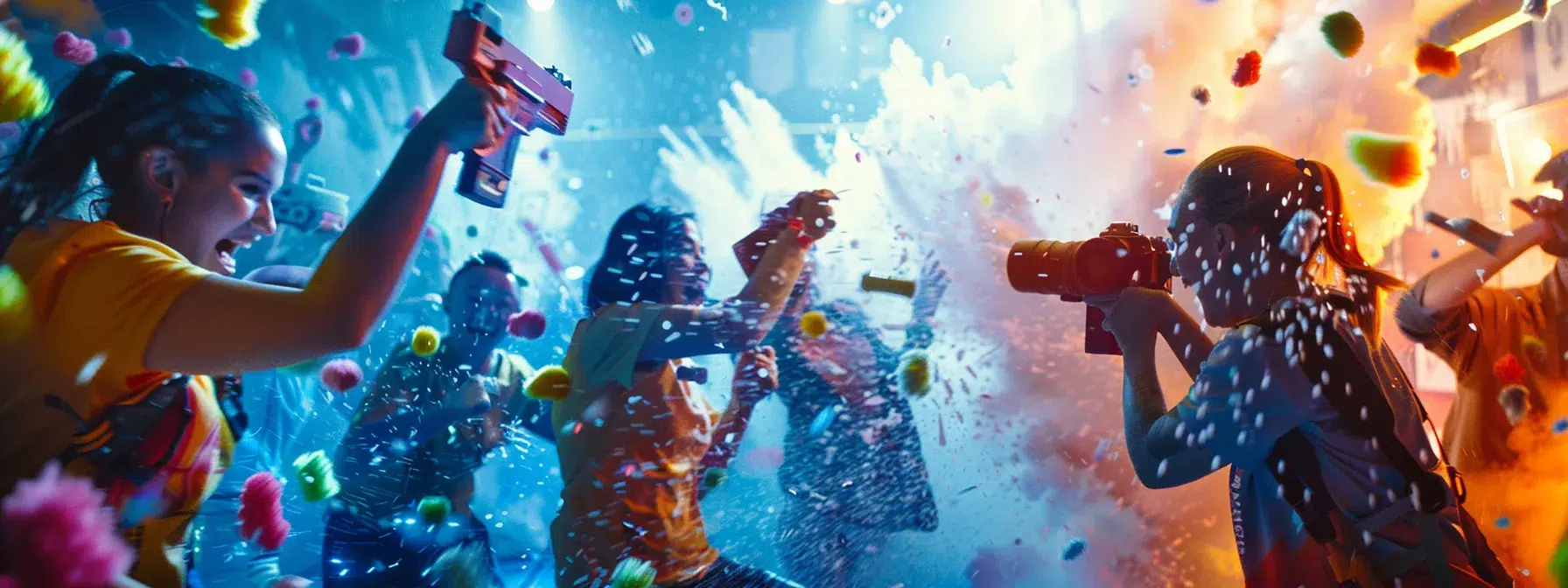 a vibrant and energetic nerf battle scene captures a diverse group of team members strategizing and cheering each other on, surrounded by colorful foam darts and dynamic action, all under bright, natural lighting.