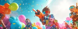 Children joyfully engage in a colorful Nerf battle with vibrant balloons in the background. Safety gear, including protective goggles, ensures fun and safe play. - Brainy Actz Escape Rooms Children joyfully engage in a colorful Nerf battle with vibrant balloons in the background. Safety gear, including protective goggles, ensures fun and safe play.