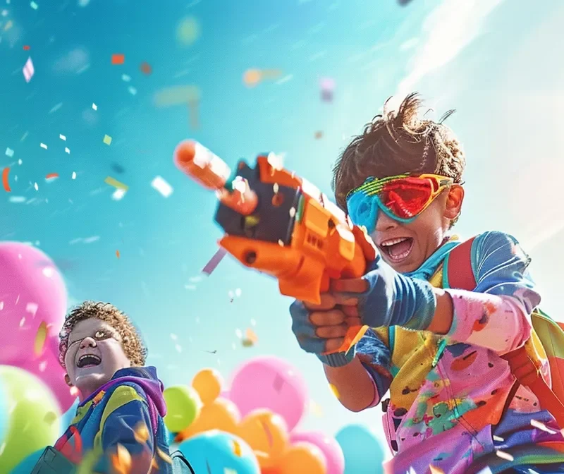 Children joyfully engage in a colorful Nerf battle with vibrant balloons in the background. Safety gear, including protective goggles, ensures fun and safe play.