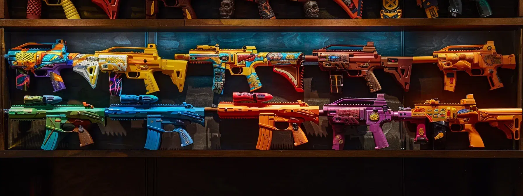 a vibrant array of personalized nerf blasters adorned with custom paint jobs, sleek grips, and playful decals stands boldly against a dynamic backdrop, showcasing the unique style and creativity of their owners.