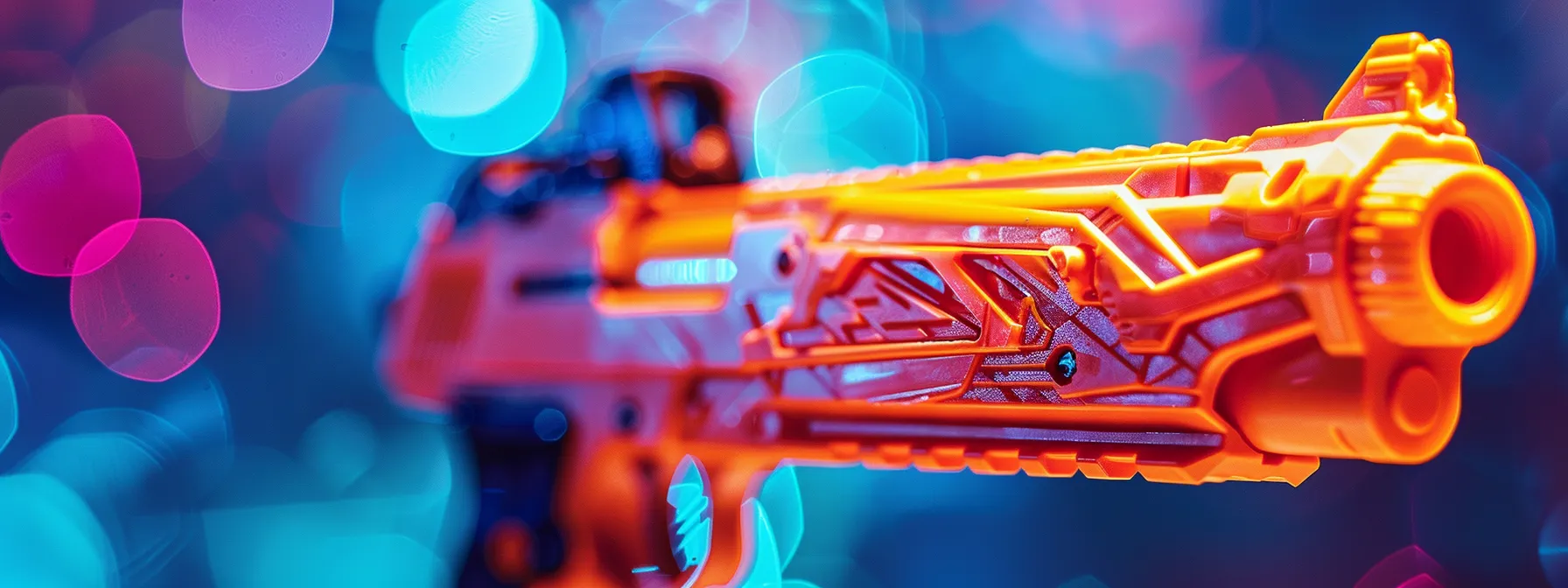 a vibrant close-up of a durable nerf gun showcasing its sleek construction materials and engineering excellence against a dynamic, play-filled backdrop, highlighting the essence of safe and robust performance.