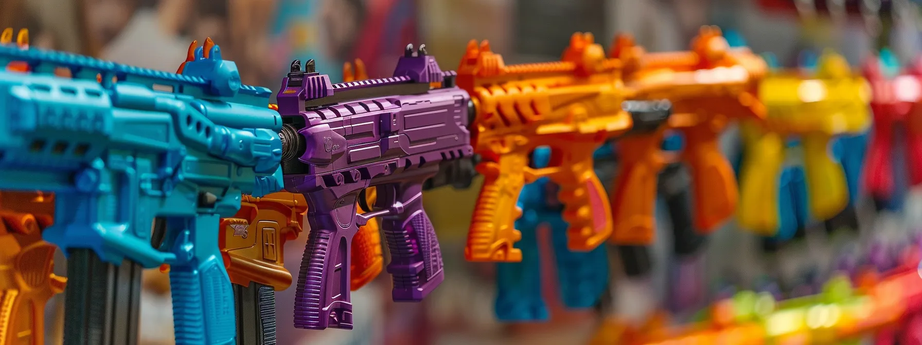 a vibrant display of colorful nerf guns showcases their rugged construction against a backdrop of enthusiastic children's faces, capturing the essence of durability and fun in playtime adventures.