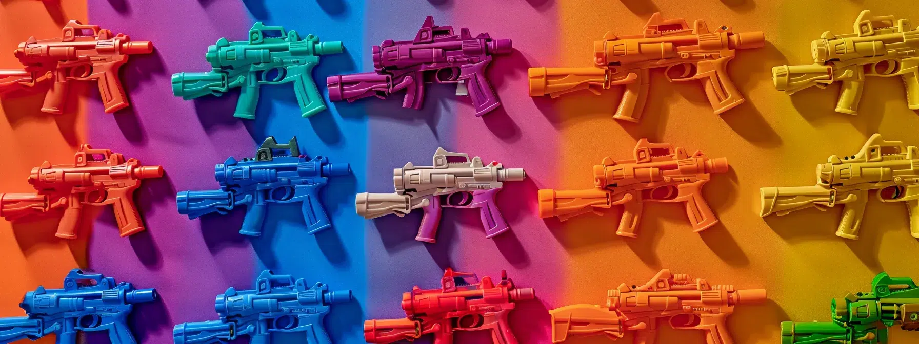 a vibrant display of colorful nerf guns arranged on a dynamic backdrop, highlighting affordable models under , evoking a sense of playful excitement for budget-conscious families.