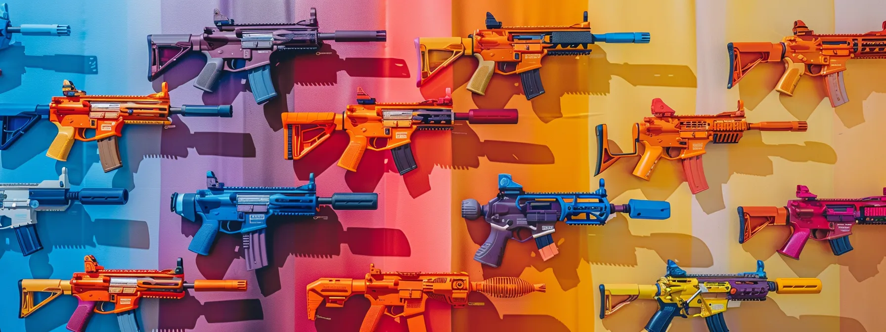 a vibrant display of various nerf guns, including sleek snipers and dynamic crossbows, dramatically arranged against a colorful backdrop, highlighting their advanced specifications and playful nature.